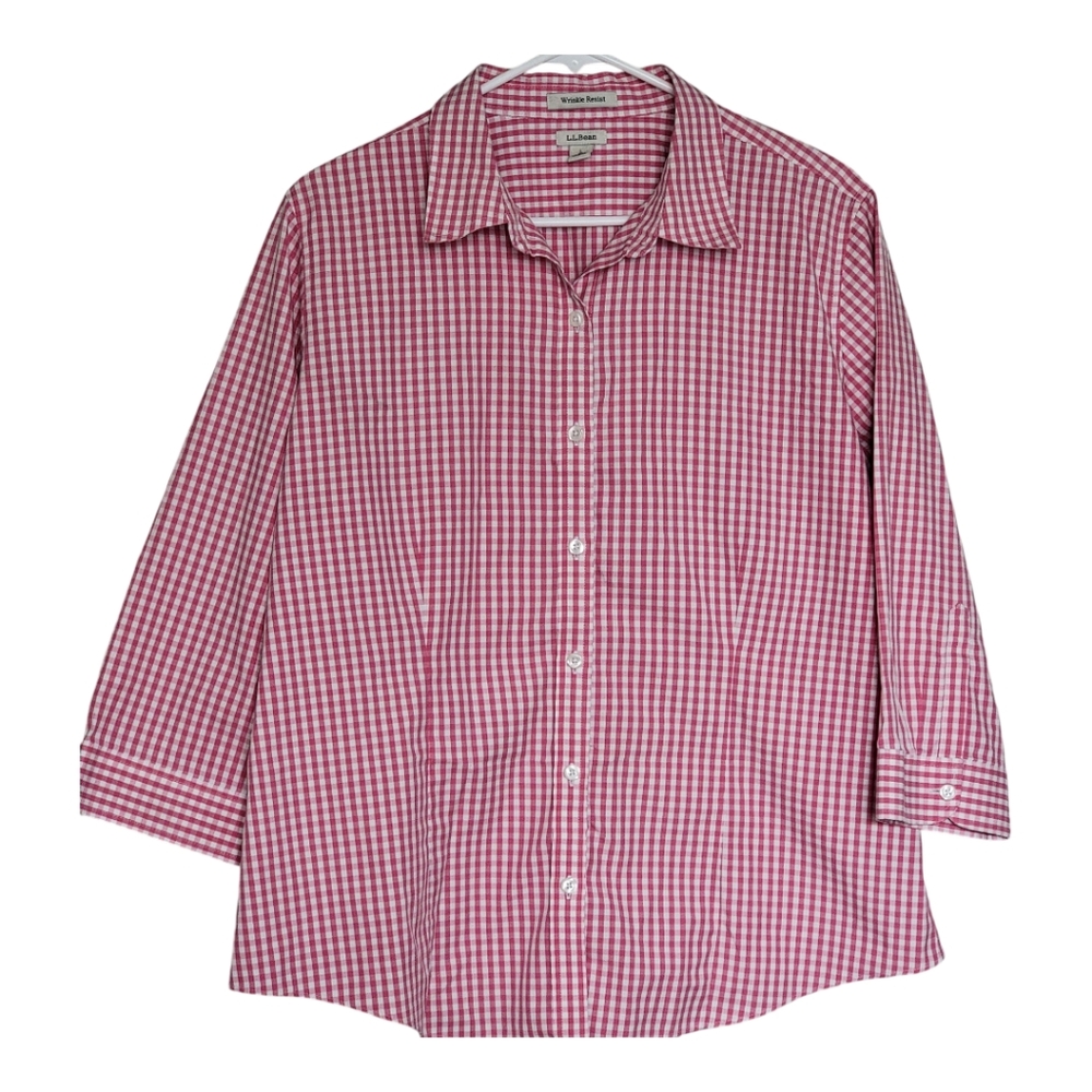 L.L.Bean Wrinkle Resist Button Up Women's Checked Pink and White Blouse Large
